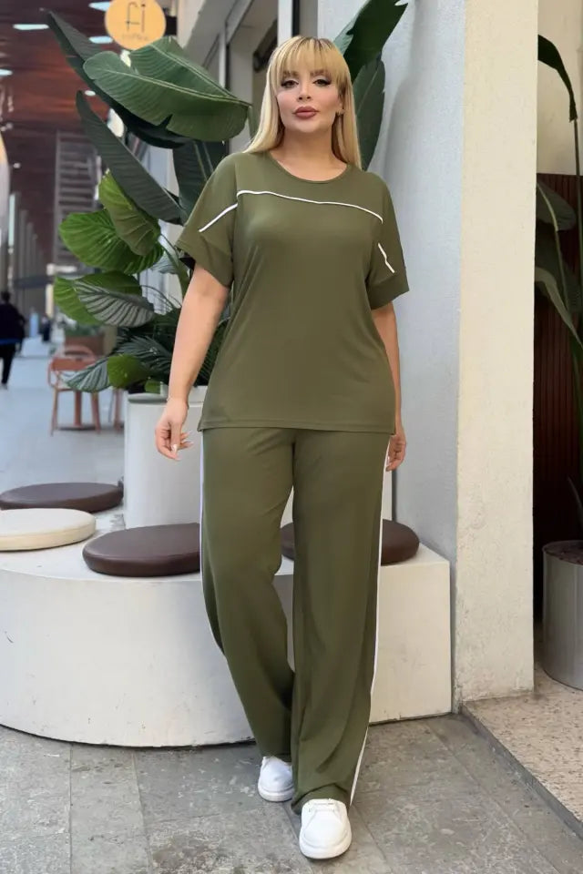 Khaki Comfortable High-Waisted Two-Piece Set with White Piping Details and Pockets - Denoss