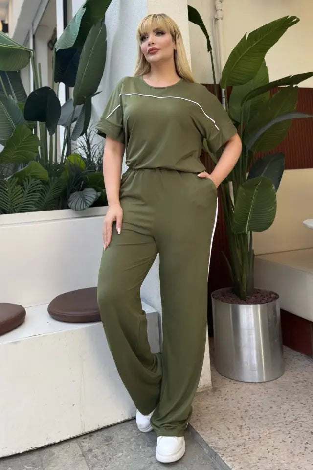 Khaki Comfortable High-Waisted Two-Piece Set with White Piping Details and Pockets - Denoss