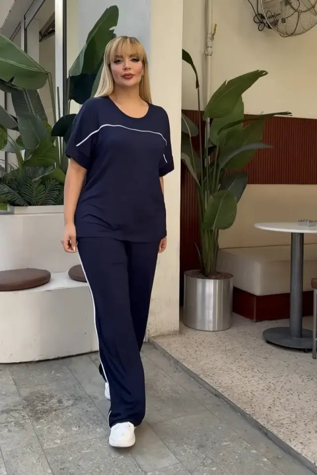 Navy Blue Comfortable High-Waisted Two-Piece Set with White Piping Details and Pockets - Denoss