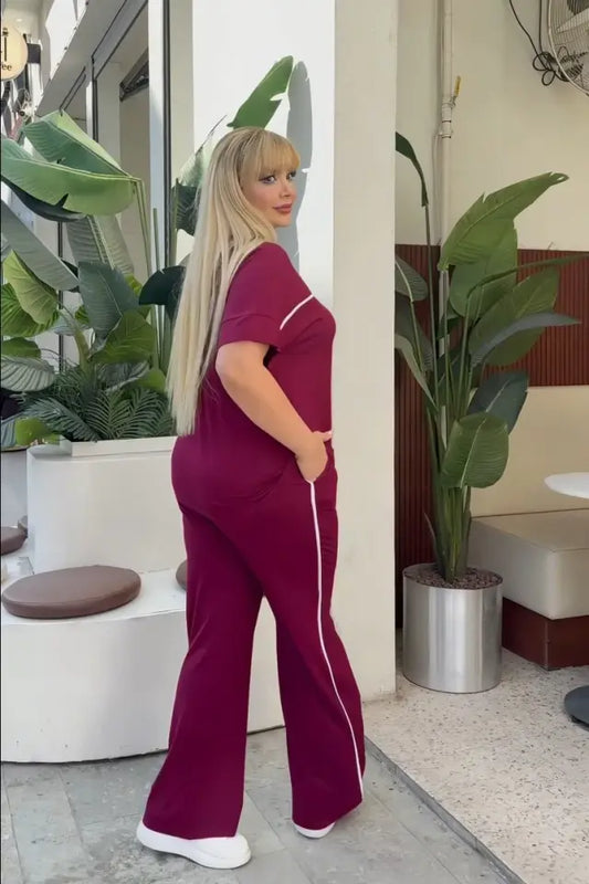 Burgundy Comfortable High-Waisted Two-Piece Set with White Piping Details and Pockets - Denoss