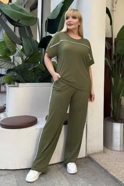 Khaki Comfortable High-Waisted Two-Piece Set with White Piping Details and Pockets - Denoss