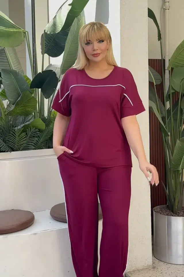 Burgundy Comfortable High-Waisted Two-Piece Set with White Piping Details and Pockets - Denoss