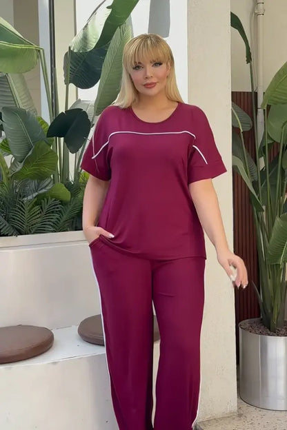 Burgundy Comfortable High-Waisted Two-Piece Set with White Piping Details and Pockets - Denoss