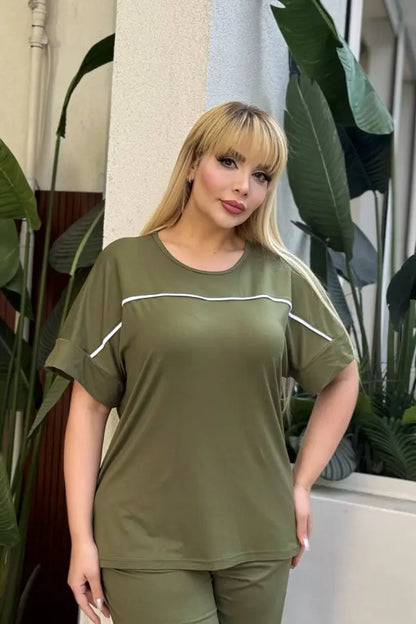 Khaki Comfortable High-Waisted Two-Piece Set with White Piping Details and Pockets - Denoss