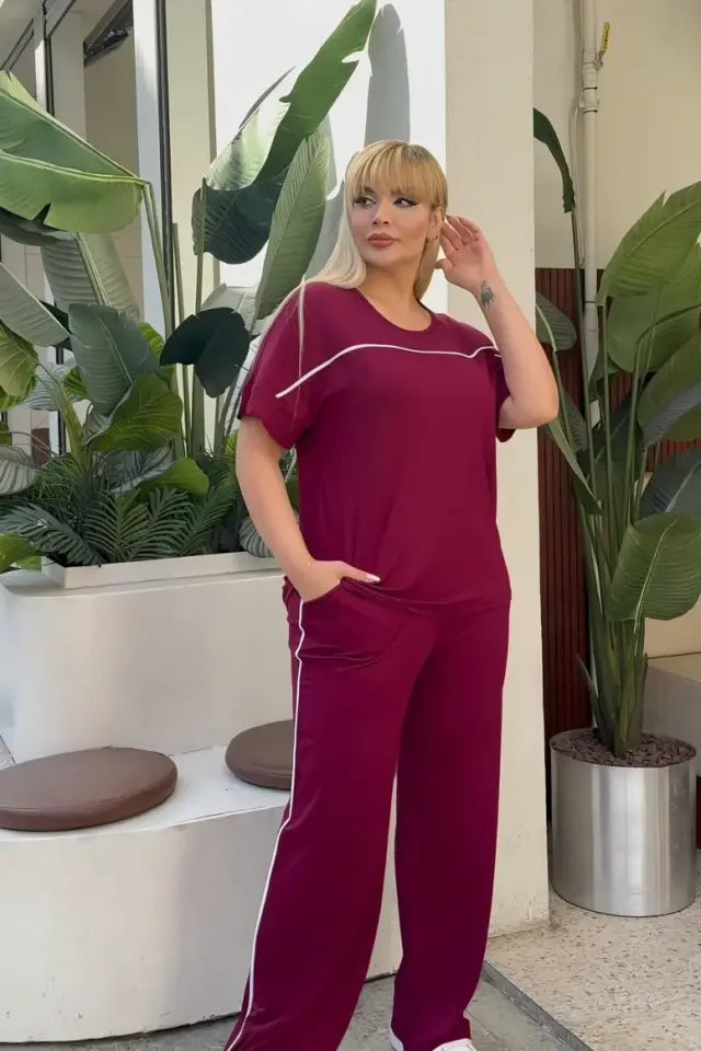Burgundy Comfortable High-Waisted Two-Piece Set with White Piping Details and Pockets - Denoss