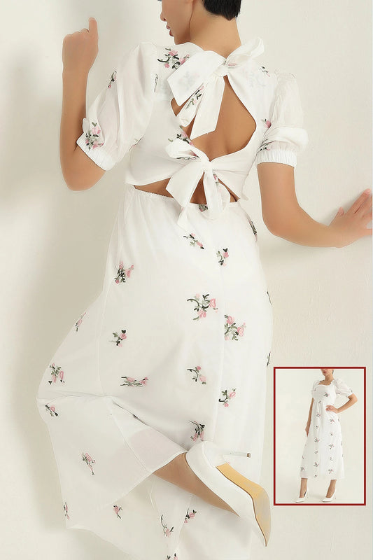 White Embroidered Lined Linen Women's Dress