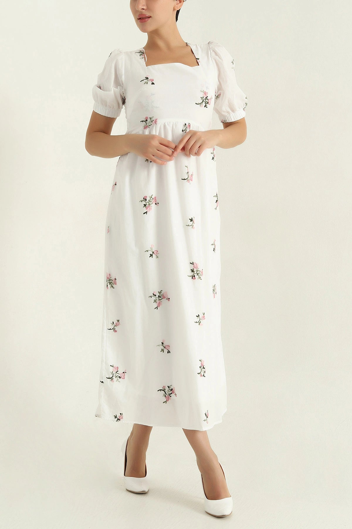 White Embroidered Lined Linen Women's Dress