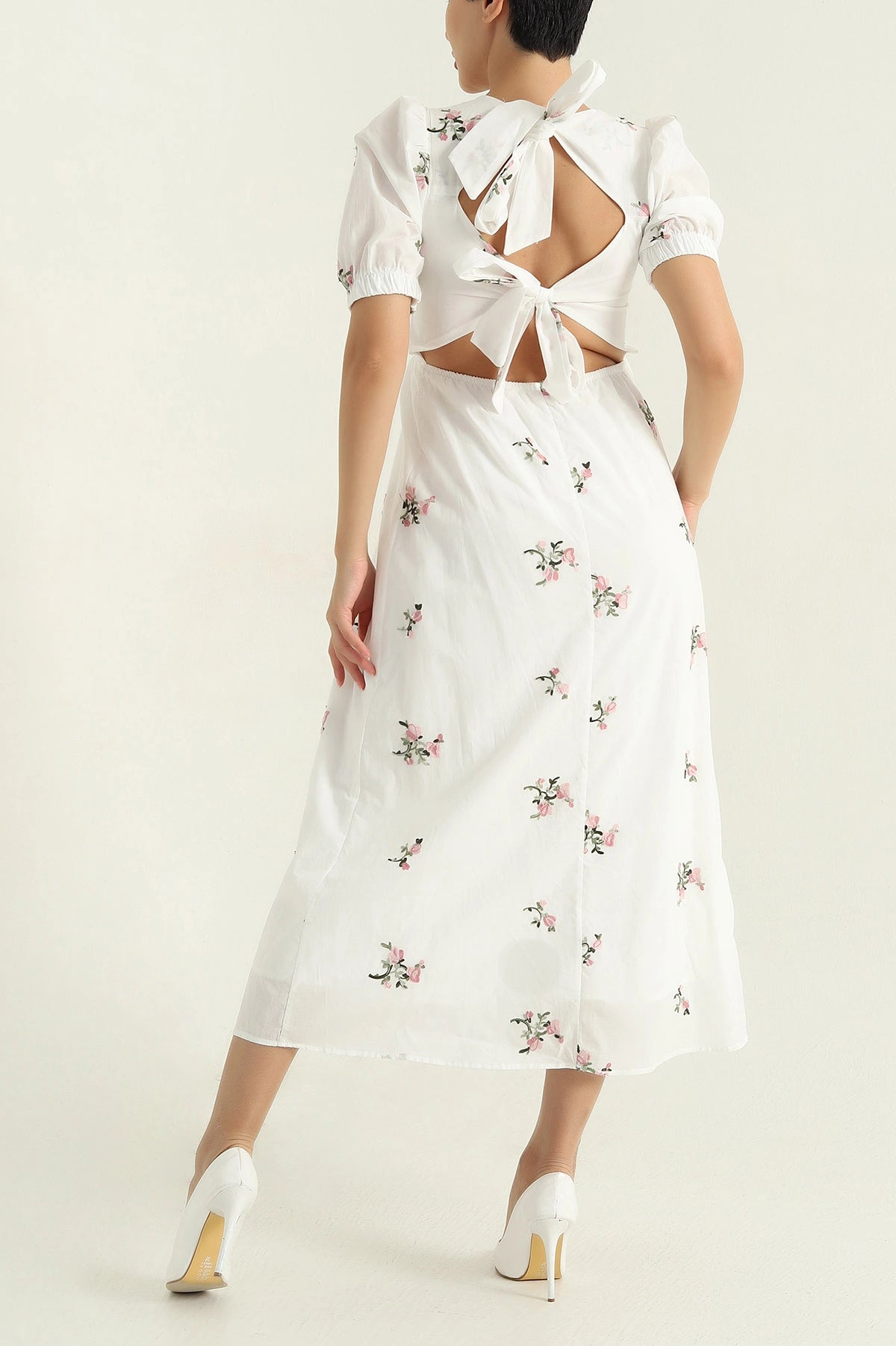 White Embroidered Lined Linen Women's Dress
