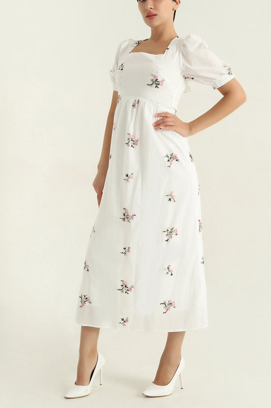 White Embroidered Lined Linen Women's Dress