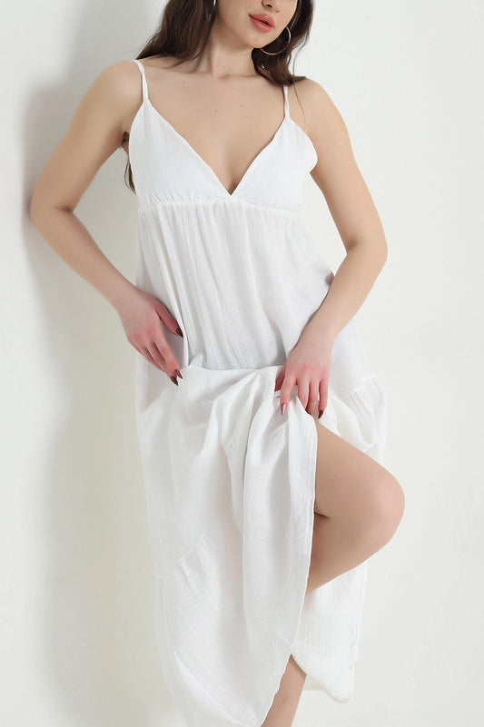 White Thread Strap Muslin Linen Women's Dress