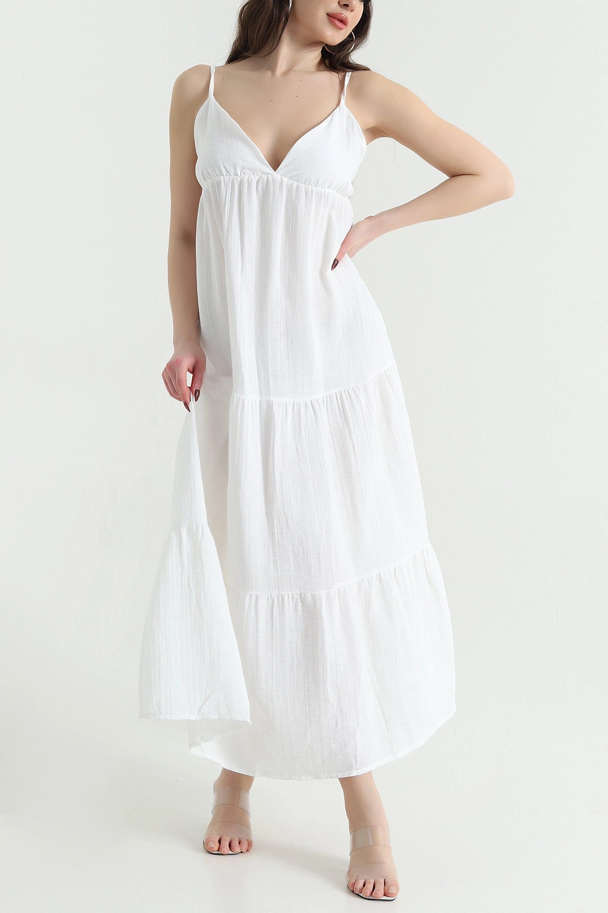 White Thread Strap Muslin Linen Women's Dress
