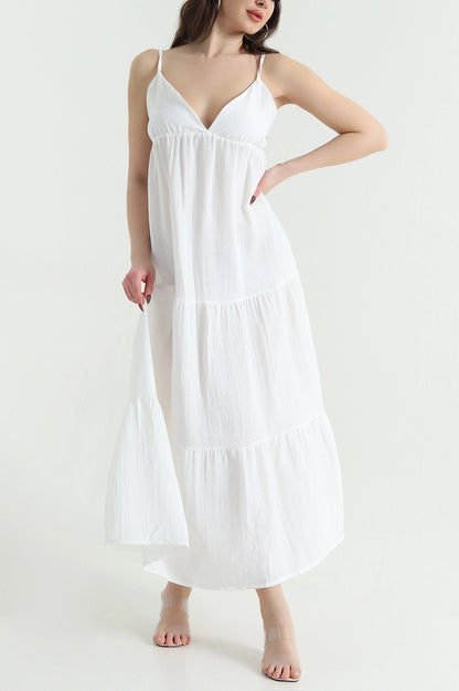 White Thread Strap Muslin Linen Women's Dress