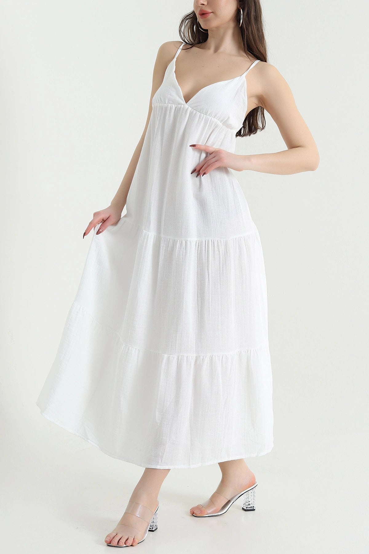 White Thread Strap Muslin Linen Women's Dress