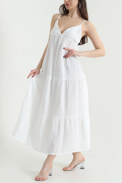 White Thread Strap Muslin Linen Women's Dress