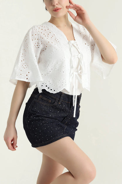 White Linen Embroidered Women's Blouse - Denoss