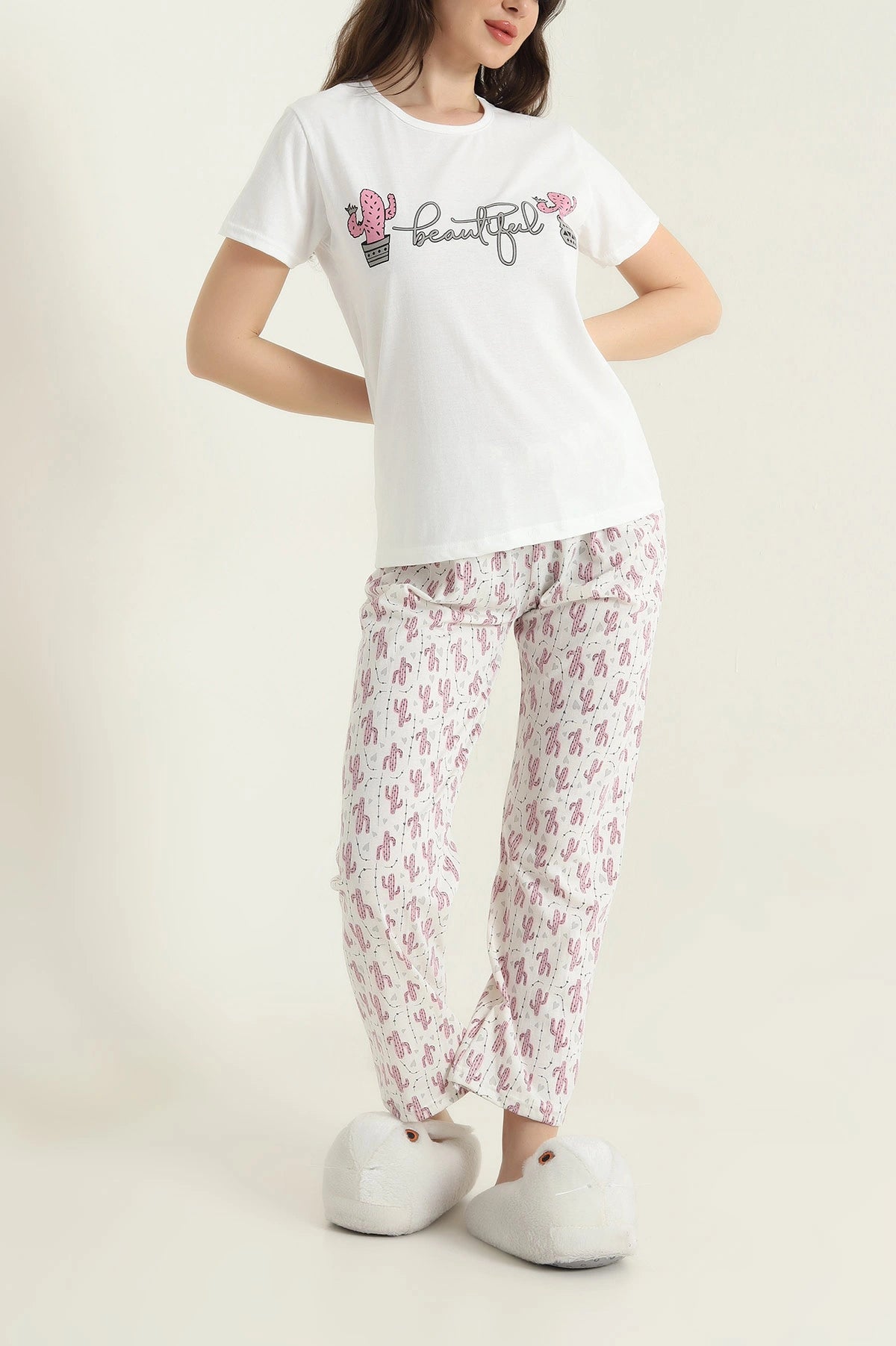 White Short Sleeve Single Jersey Women's Pajama Set - Denoss