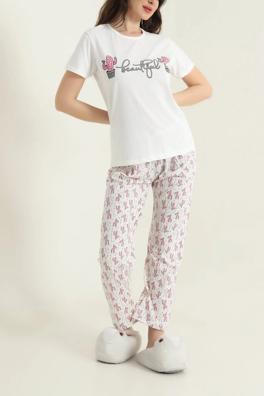 White Short Sleeve Single Jersey Women's Pajama Set - Denoss
