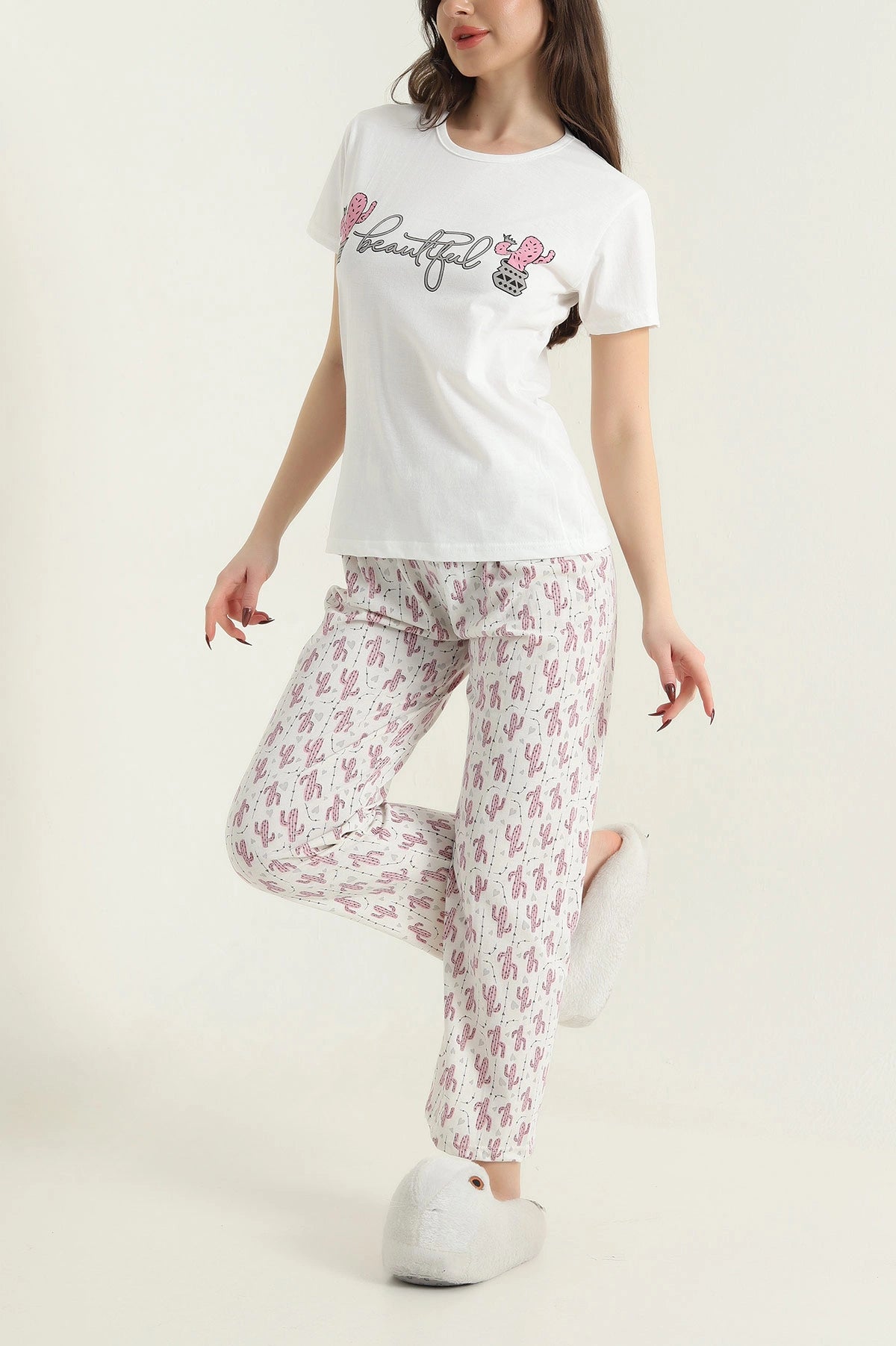 White Short Sleeve Single Jersey Women's Pajama Set - Denoss