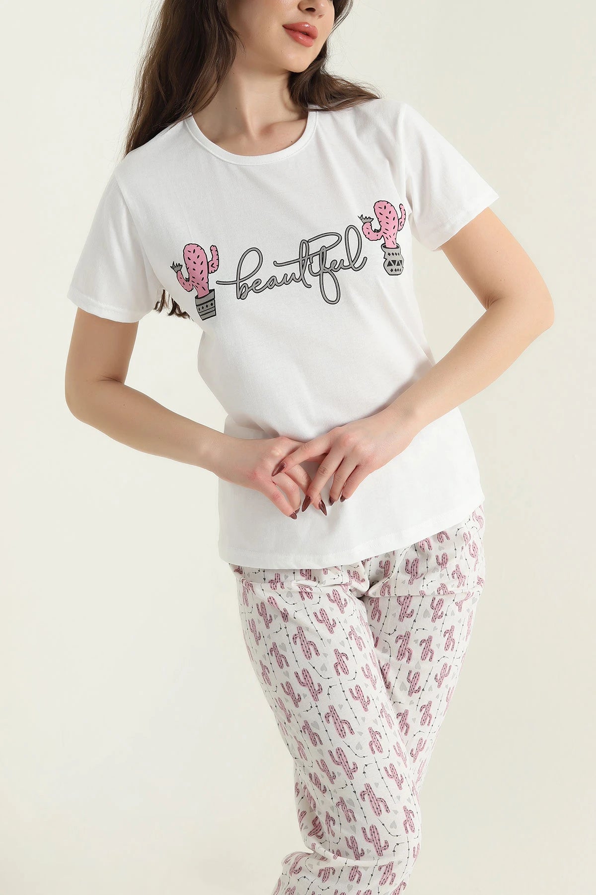 White Short Sleeve Single Jersey Women's Pajama Set - Denoss