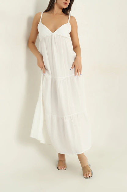White Muslin Linen Lined Women's Dress