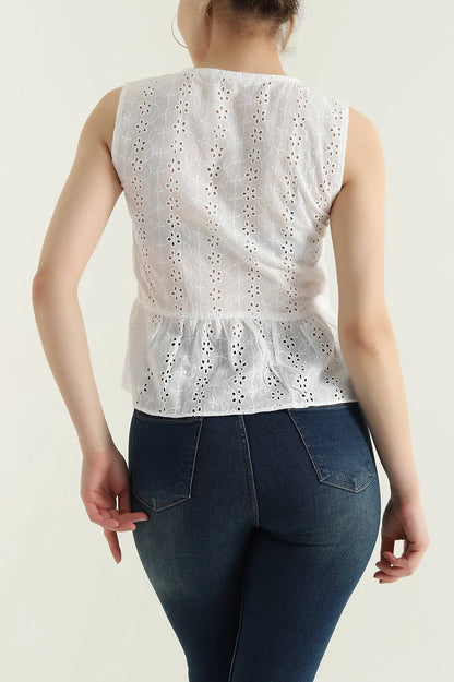 White Front Tie Women's Lace Blouse - Denoss