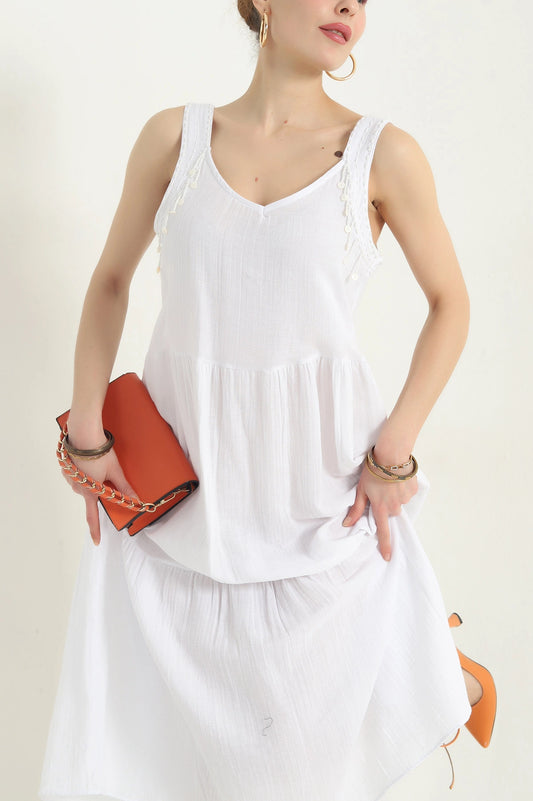 White Stone Embroidered Muslin Dress