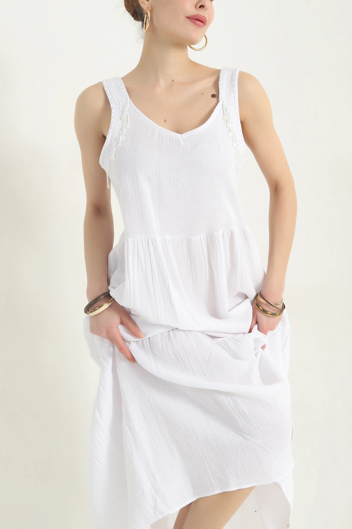 White Stone Embroidered Muslin Dress