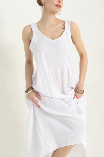 White Stone Embroidered Muslin Dress