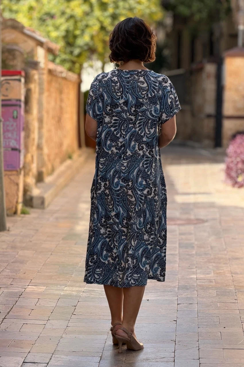 Turquoise Tile Pattern Round Neck Woven Plus Size Dress - Denoss