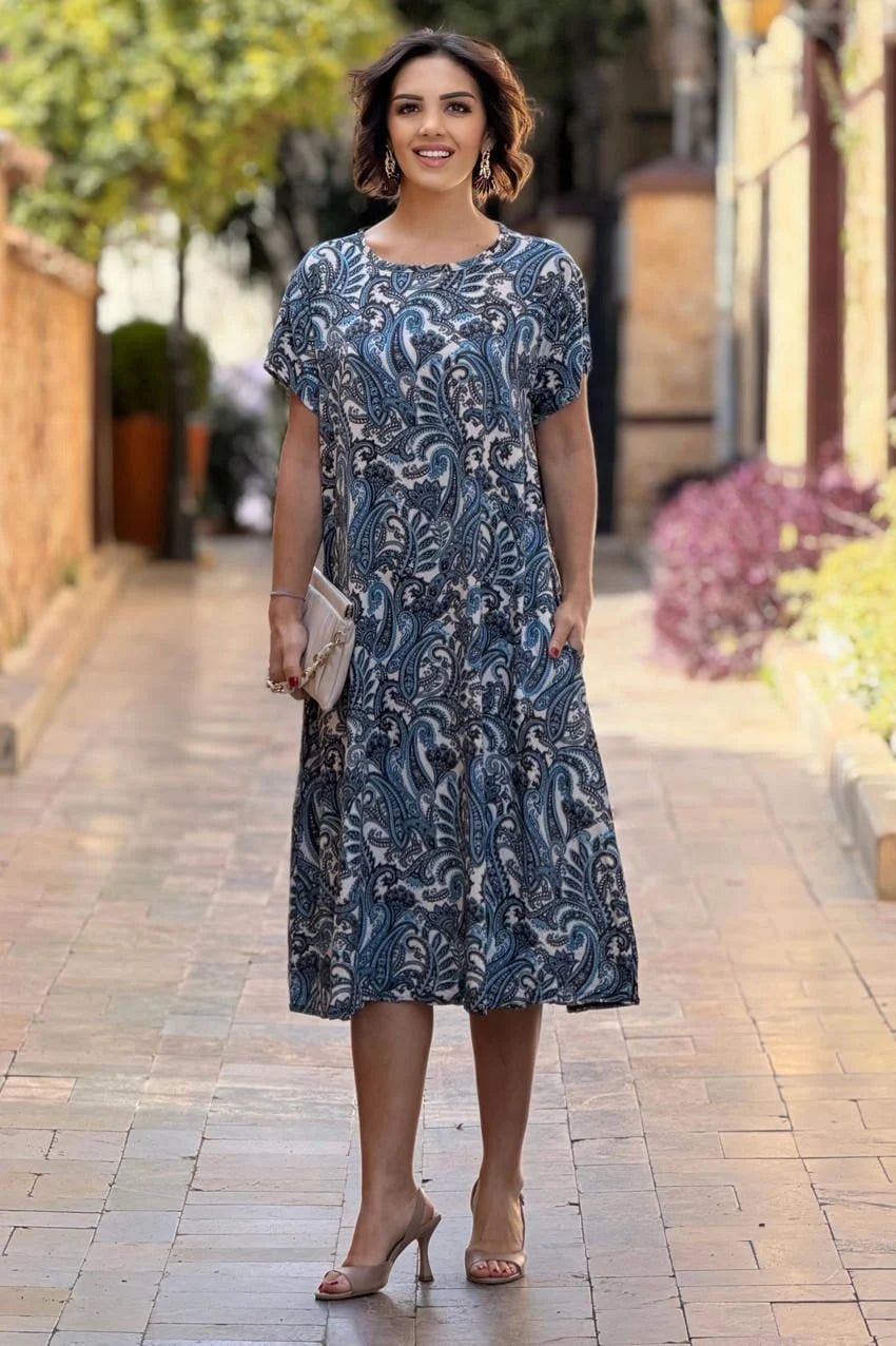 Turquoise Tile Pattern Round Neck Woven Plus Size Dress - Denoss