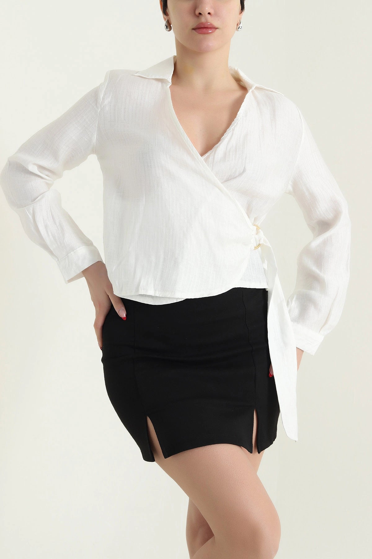 White Linen Women's Blouse with Side Tie - Denoss