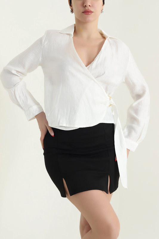White Linen Women's Blouse with Side Tie - Denoss