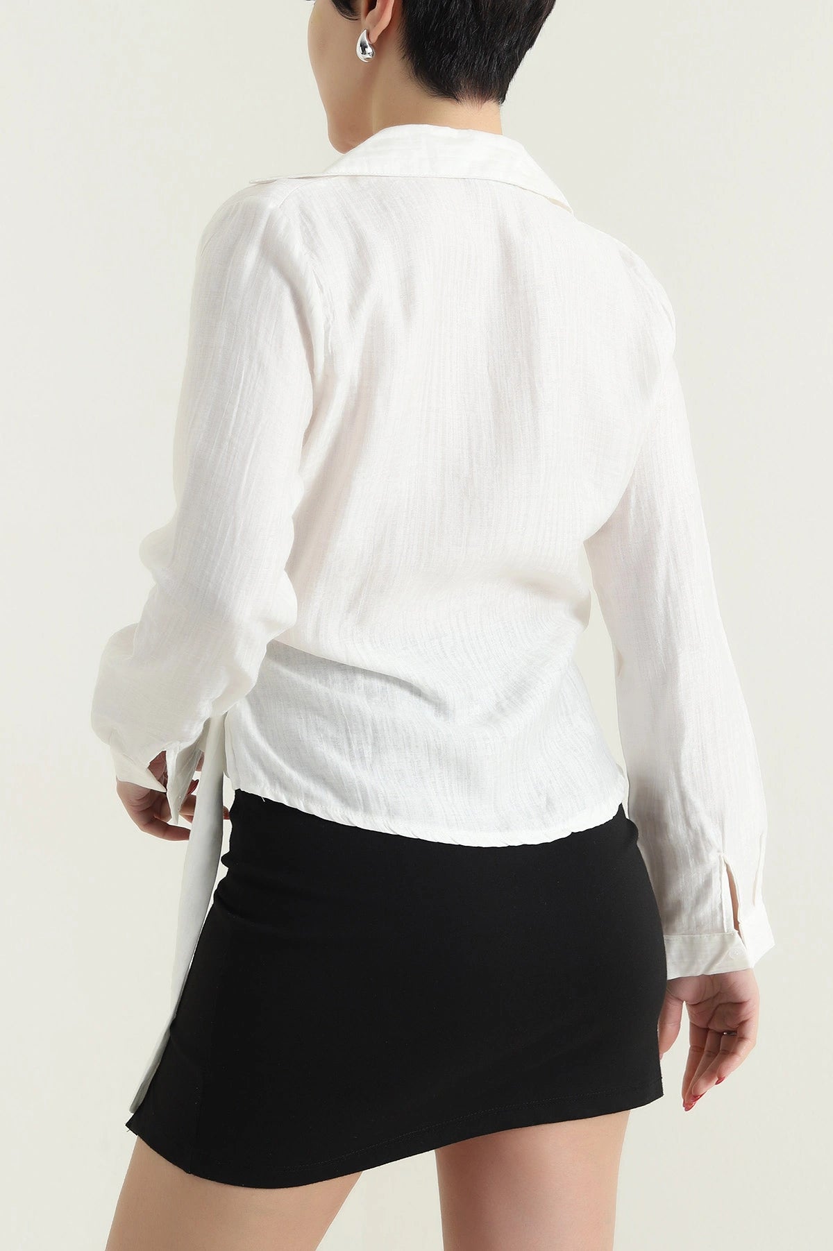White Linen Women's Blouse with Side Tie - Denoss