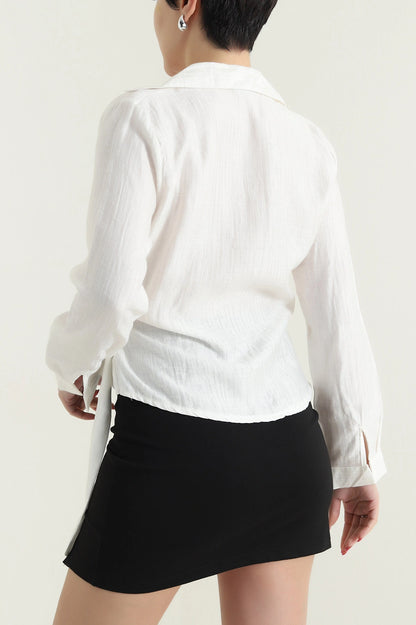 White Linen Women's Blouse with Side Tie - Denoss