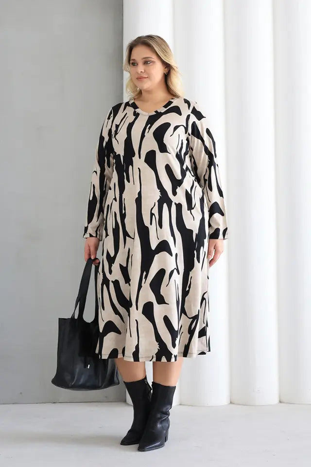 Jungle Crew Neck A-Line Knitted Oversize Viscose Dress with Pockets - Denoss