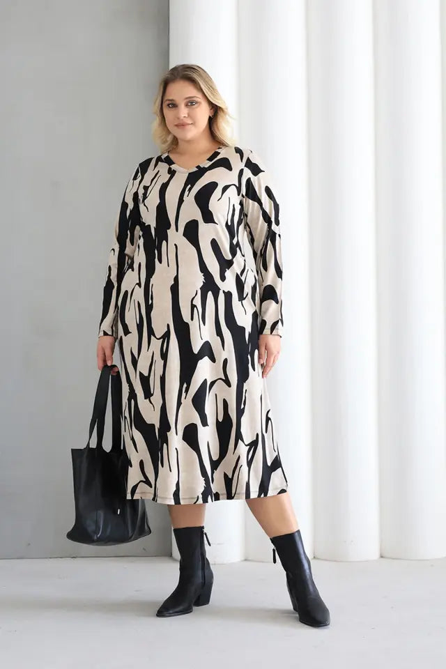 Jungle Crew Neck A-Line Knitted Oversize Viscose Dress with Pockets - Denoss