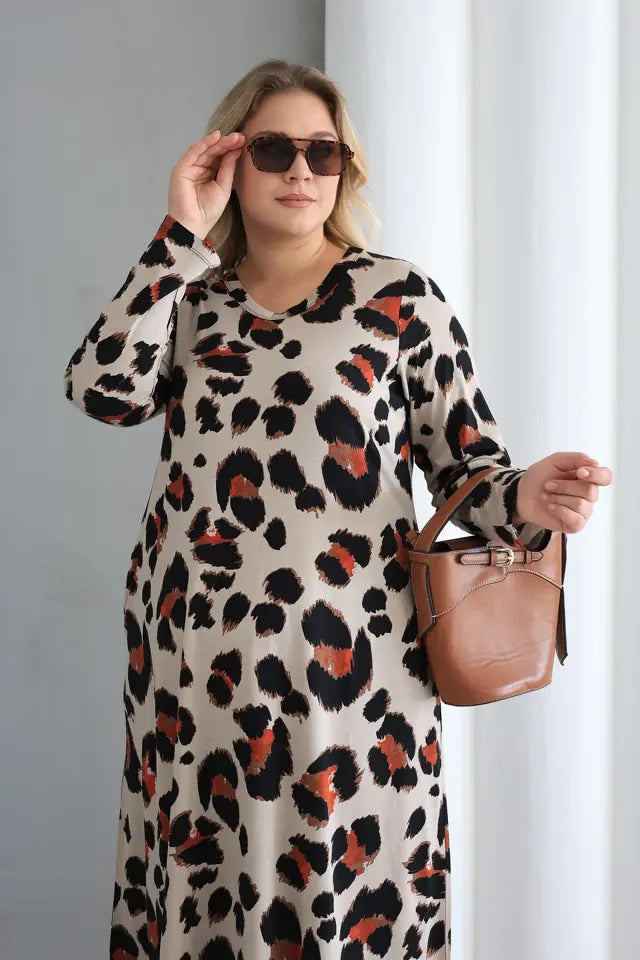 Wild Crew Neck A-Line Knitted Oversize Viscose Dress with Pockets - Denoss