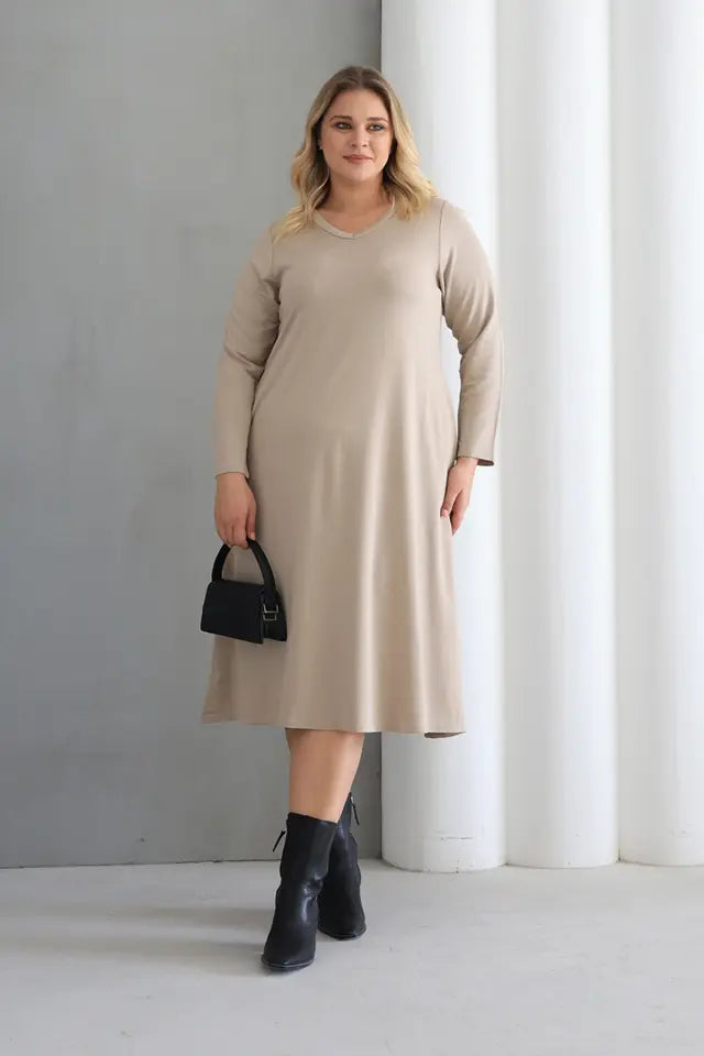 Beige Crew Neck A-Line Knitted Oversize Viscose Dress with Pockets - Denoss