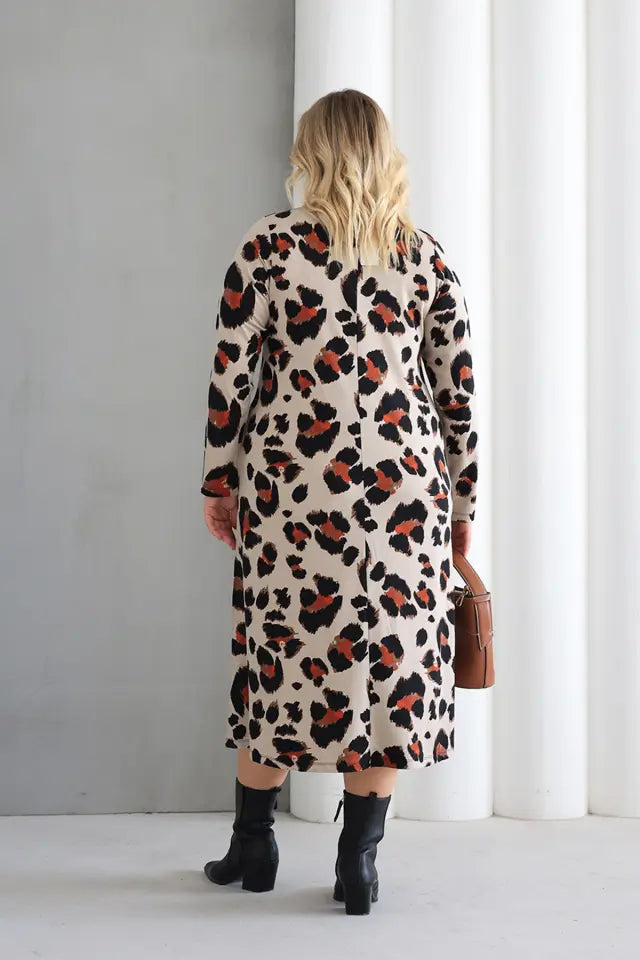 Wild Crew Neck A-Line Knitted Oversize Viscose Dress with Pockets - Denoss