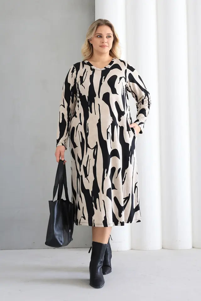 Jungle Crew Neck A-Line Knitted Oversize Viscose Dress with Pockets - Denoss