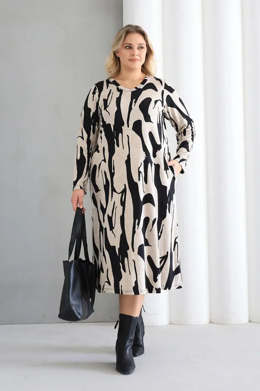 Jungle Crew Neck A-Line Knitted Oversize Viscose Dress with Pockets - Denoss