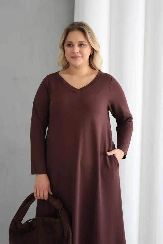 Coffee Crew Neck A-Line Knitted Oversize Viscose Dress with Pockets - Denoss