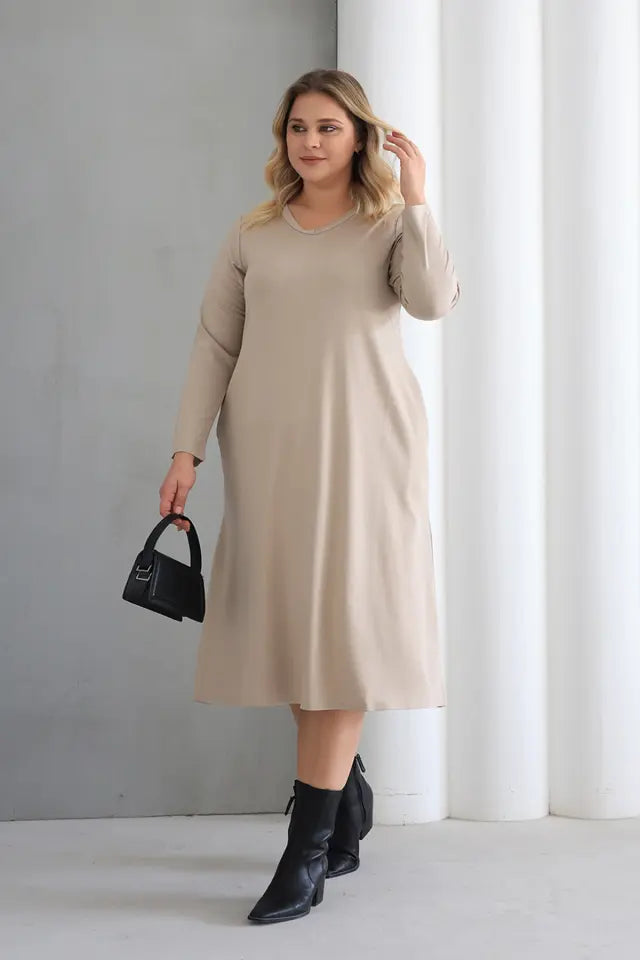 Beige Crew Neck A-Line Knitted Oversize Viscose Dress with Pockets - Denoss