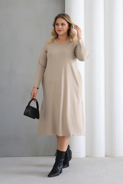 Beige Crew Neck A-Line Knitted Oversize Viscose Dress with Pockets - Denoss