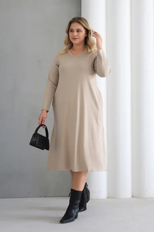 Beige Crew Neck A-Line Knitted Oversize Viscose Dress with Pockets - Denoss