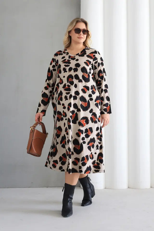 Wild Crew Neck A-Line Knitted Oversize Viscose Dress with Pockets - Denoss