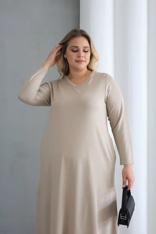 Beige Crew Neck A-Line Knitted Oversize Viscose Dress with Pockets - Denoss