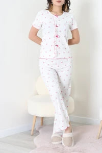 White Crew Neck Floral Ruffle Suit - Denoss