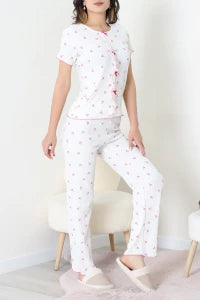 White Crew Neck Floral Ruffle Suit - Denoss