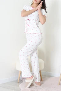 White Crew Neck Floral Ruffle Suit - Denoss